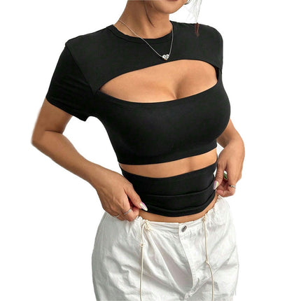 Womens Fashion Cutout Crew Neck Tops Short Sleeve Slim Fit Tee Shirts