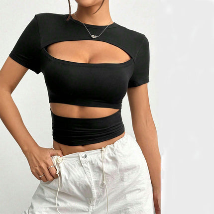 Womens Fashion Cutout Crew Neck Tops Short Sleeve Slim Fit Tee Shirts