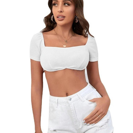 Women's Summer Crop Tops Square Neck Short Sleeve Shirt Going Out Sexy Slim Fit Tees