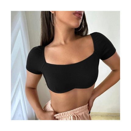 Women's Summer Crop Tops Square Neck Short Sleeve Shirt Going Out Sexy Slim Fit Tees