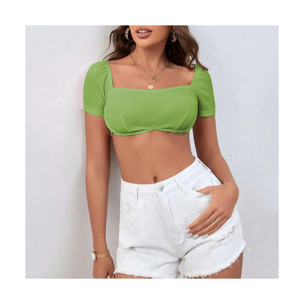 Women's Summer Crop Tops Square Neck Short Sleeve Shirt Going Out Sexy Slim Fit Tees