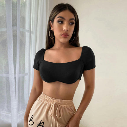 Women's Summer Crop Tops Square Neck Short Sleeve Shirt Going Out Sexy Slim Fit Tees