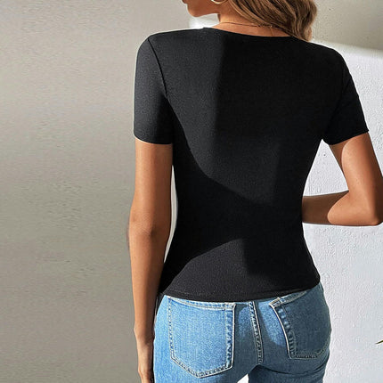 Womens Sexy Cutout V Neck Short Sleeve Tops Summer Slim Fit T Shirts