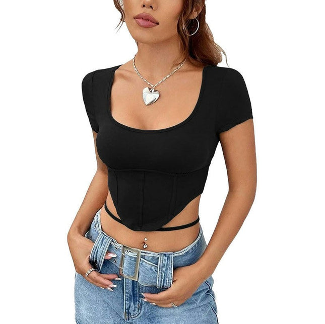 Womens Square Neck Short Sleeve Crop Top Slim Fit Sexy Ribbed Tie Summer T Shirts