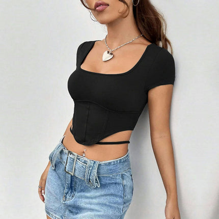 Womens Square Neck Short Sleeve Crop Top Slim Fit Sexy Ribbed Tie Summer T Shirts