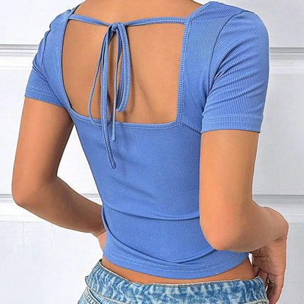 Women's Summer Sweetheart Neck Crop Top Short Sleeve Ruched Slim Fit T Shirt