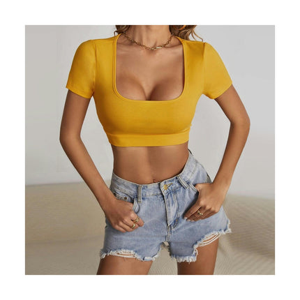 Women's Short Sleeve Square Neck Crop Tops Summer T Shirts Slim Fit Basic Tees