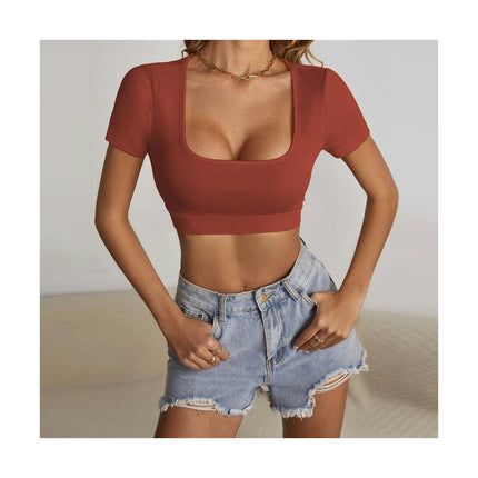 Women's Short Sleeve Square Neck Crop Tops Summer T Shirts Slim Fit Basic Tees