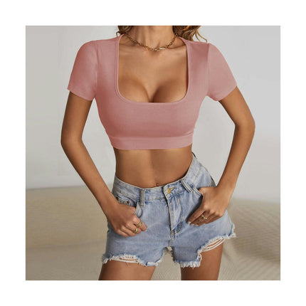 Women's Short Sleeve Square Neck Crop Tops Summer T Shirts Slim Fit Basic Tees