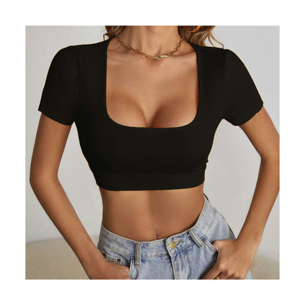 Women's Short Sleeve Square Neck Crop Tops Summer T Shirts Slim Fit Basic Tees