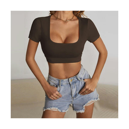 Women's Short Sleeve Square Neck Crop Tops Summer T Shirts Slim Fit Basic Tees