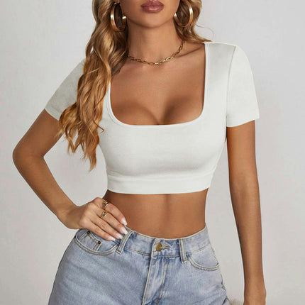 Women's Short Sleeve Square Neck Crop Tops Summer T Shirts Slim Fit Basic Tees