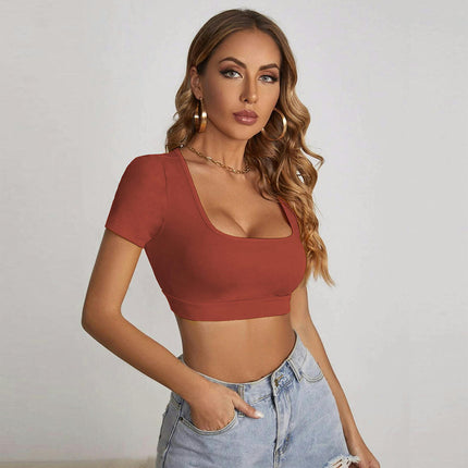 Women's Short Sleeve Square Neck Crop Tops Summer T Shirts Slim Fit Basic Tees