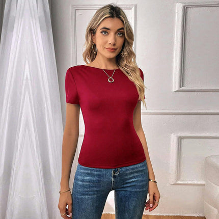 Women Slim Fit Short Sleeve Round Neck Crop Top Sexy Backless Summer T Shirts