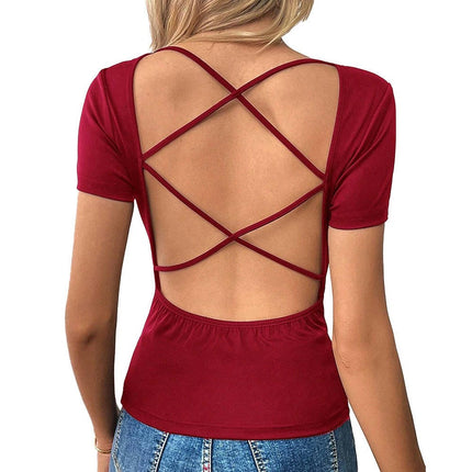 Women Slim Fit Short Sleeve Round Neck Crop Top Sexy Backless Summer T Shirts