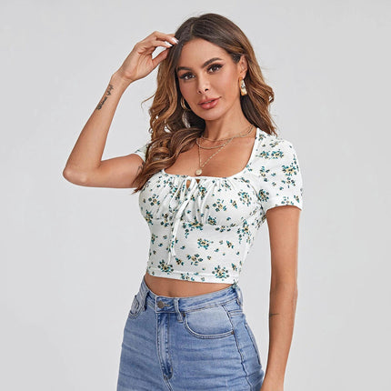 Women's Casual Short Sleeve Square Neck Summer Crop Tops Ruched Slim Fit Tee Shirts