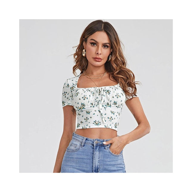 Women's Casual Short Sleeve Square Neck Summer Crop Tops Ruched Slim Fit Tee Shirts