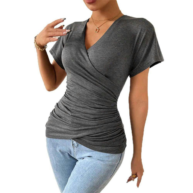 Women's Summer V Neck Short Sleeve T Shirts Fitted Ruched Going Out Tops