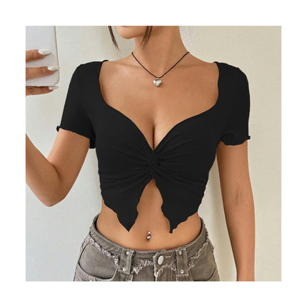 Women Twist Front Crop Top Short Sleeve Sweetheart Neck Fitted Going Out Tops