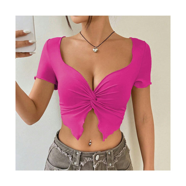 Women Twist Front Crop Top Short Sleeve Sweetheart Neck Fitted Going Out Tops