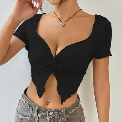 Women Twist Front Crop Top Short Sleeve Sweetheart Neck Fitted Going Out Tops