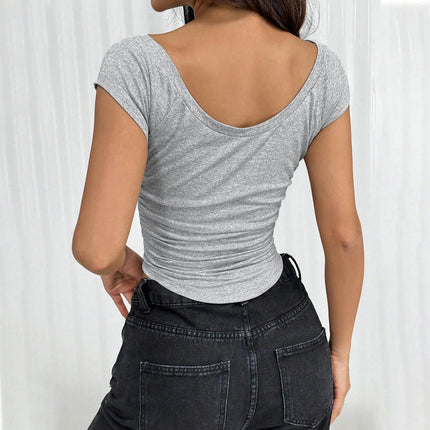 Womens Short Sleeve Scoop Neck Basic Crop Top Summer Ruched Slim Fit T Shirt