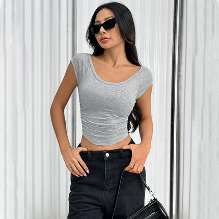 Womens Short Sleeve Scoop Neck Basic Crop Top Summer Ruched Slim Fit T Shirt