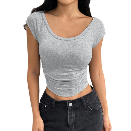 Womens Short Sleeve Scoop Neck Basic Crop Top Summer Ruched Slim Fit T Shirt