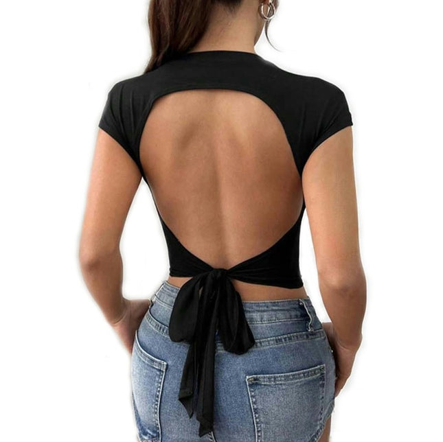 Women's Round Neck Crop Top Short Sleeve Slim Fit Backless Tie Casual T-Shirt