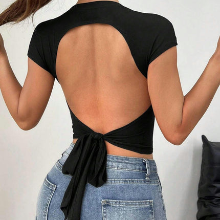 Women's Round Neck Crop Top Short Sleeve Slim Fit Backless Tie Casual T-Shirt