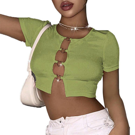 Women's Short Sleeve Round Neck Crop Top Summer Slim Fit Cut Out T-Shirt