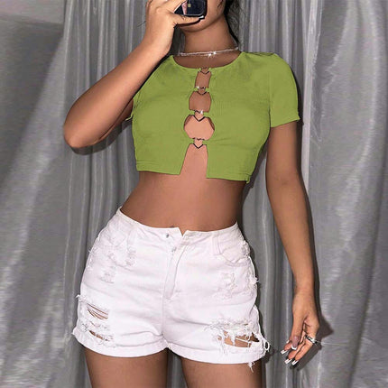 Women's Short Sleeve Round Neck Crop Top Summer Slim Fit Cut Out T-Shirt