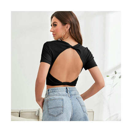 Summer Short Sleeve Crop Tops for Women Backless Twist Back Backless Crop T Shirt