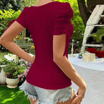 Women's Slim Fit Ruched T Shirt Short Sleeve Sweetheart Neck Tops