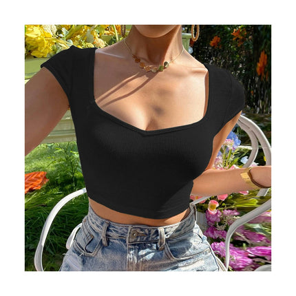 Women's Short Sleeve Summer Crop Tops Sexy Deep V Neck Slim Fit T Shirts