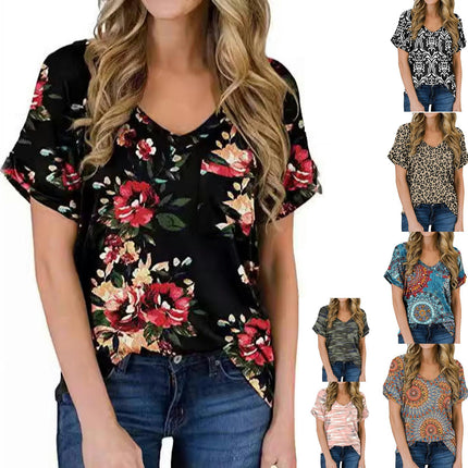 Womens Summer Tops Casual Print V Neck T Shirts Short Sleeve Loose Fit Shirts