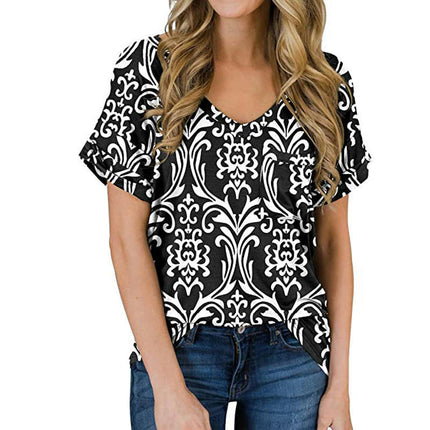 Womens Summer Tops Casual Print V Neck T Shirts Short Sleeve Loose Fit Shirts