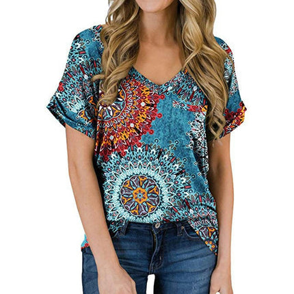 Womens Summer Tops Casual Print V Neck T Shirts Short Sleeve Loose Fit Shirts