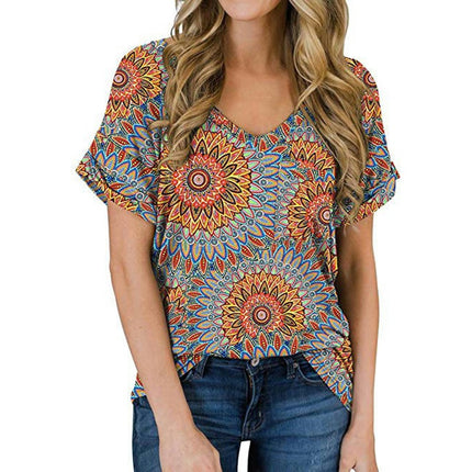 Womens Summer Tops Casual Print V Neck T Shirts Short Sleeve Loose Fit Shirts