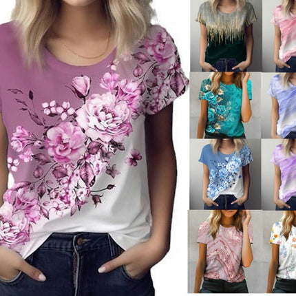 Womens Loose Tops Crew Neck Graphic Print T Shirt Short Sleeve Tunic Blouses