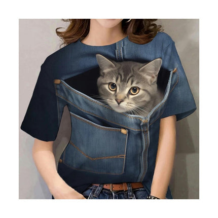 Women Summer Short Sleeve Tops Cute Cat Graphic Printed T-Shirt Crew Neck Loose Blouse