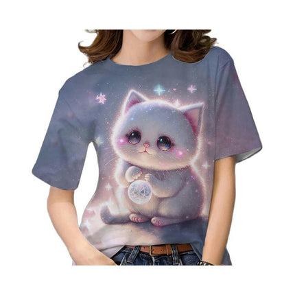 Women Summer Short Sleeve Tops Cute Cat Graphic Printed T-Shirt Crew Neck Loose Blouse 1