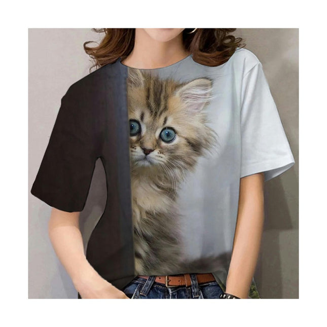 Women Summer Short Sleeve Tops Cute Cat Graphic Printed T-Shirt Crew Neck Loose Blouse