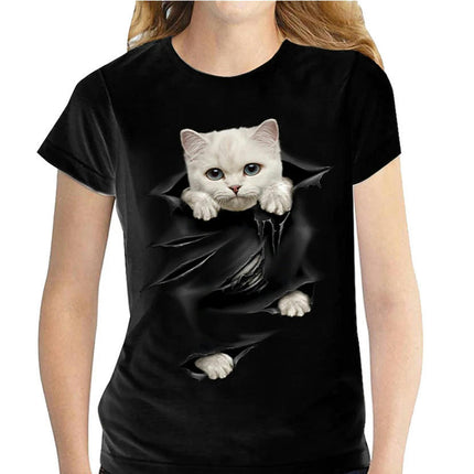 Women Summer Short Sleeve Tops Cute Cat Graphic Printed T-Shirt Crew Neck Loose Blouse