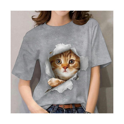 Women Summer Short Sleeve Tops Cute Cat Graphic Printed T-Shirt Crew Neck Loose Blouse 1