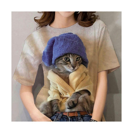 Women Summer Short Sleeve Tops Cute Cat Graphic Printed T-Shirt Crew Neck Loose Blouse