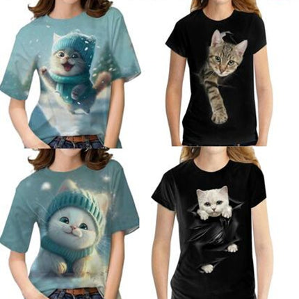 Women Summer Short Sleeve Tops Cute Cat Graphic Printed T-Shirt Crew Neck Loose Blouse