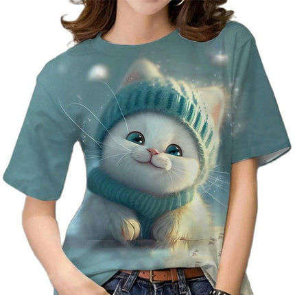 Women Summer Short Sleeve Tops Cute Cat Graphic Printed T-Shirt Crew Neck Loose Blouse 1