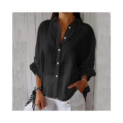 Women Cotton Linen Shirts Button Down Summer Shirt Casual 3/4 Sleeve Tops