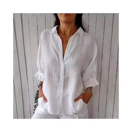 Women Cotton Linen Shirts Button Down Summer Shirt Casual 3/4 Sleeve Tops